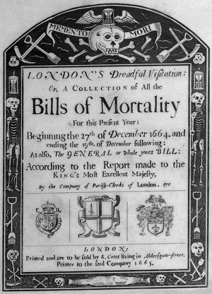 view Title page to a statistical analysis of mortality during the plague epidemic in London of 1665. Etching, 18--.