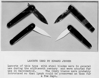 Lancet used by E. Jenner. 2 have steel blades and 2 have ivory blades - the latter were probably designed for vaccination.