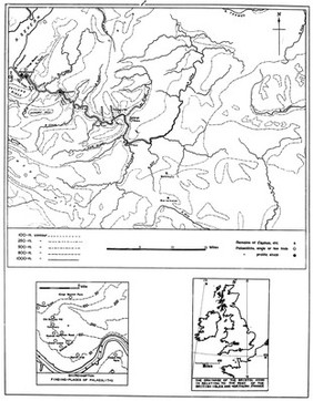 Maps showing the Bristol area. 1. The basin of the Bristol Avon. 2. Distribution of lower Palaeolithic discoveries around Bristol. 3. Relation of Bristol avon to the rest of the British Isles.