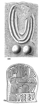 M0015051: Illustration of Bronze Age sculptings on a boulder and slab in Scotland and France