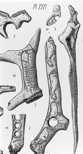 M0015051: Illustration of Bronze Age sculptings on a boulder and slab in Scotland and France