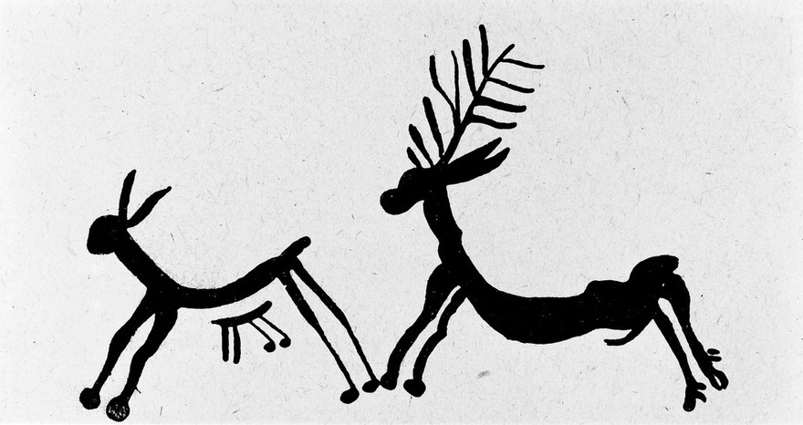 M0015073: Neolithic representation of hind, young fawn and stag, Spain