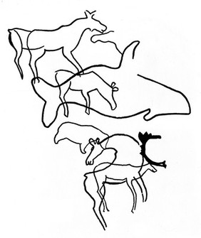 Neolithic rock art depicting whale and elk, Scandinavian.