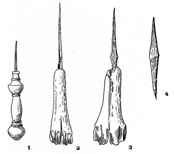 M0015082: Bronze tattoing needles mounted in bone, Illustration of Iron Age