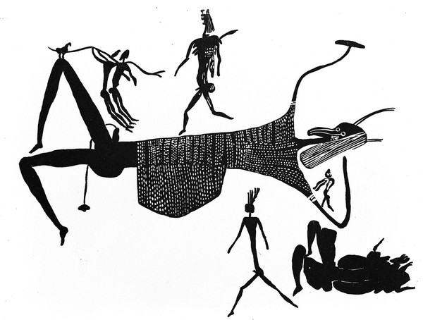 M0015097: Prehistoric burial scene represented in a rock-painting, Zimbabwe