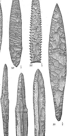 M0015102: Illustration of spear heads or knives bifacially worked in flint