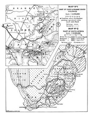 view Map of South Africa, showing sites of Bushman drawings.