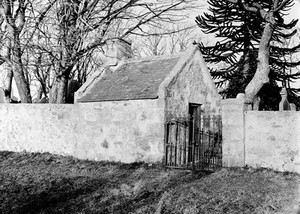 view Watch-house at gates of Newhill's graveyard, Aberdeenshire. From photographs by J. Ritchie, made for his art.