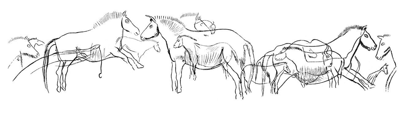 Group of horses and one bison, upper Palaeolithic.