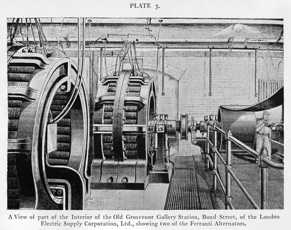 M0015308: View of the interior of the Old Grosvenor Gallery Station showing two of the Ferranti Alternators