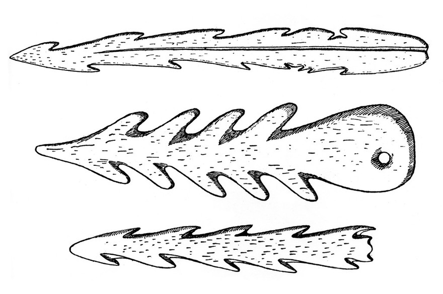 M0015344: Illustration of Mesolithic barbed points of bone and antler