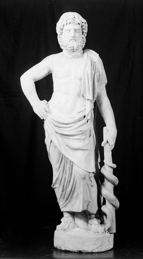 M0015416: Statue of Asclepius with a serpent staff, 1st-2nd century A.D.