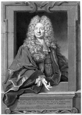 Mathieu François Geoffroy. Line engraving by F. Chéreau, 1718, after N. de Largillière.