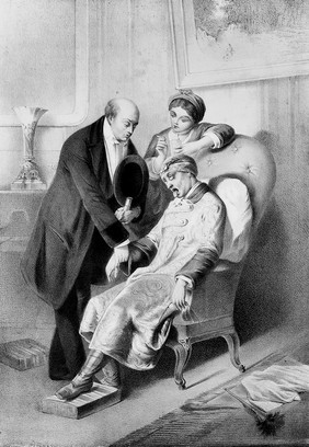 A sick man projects his tongue while a doctor takes his pulse and times it with a sand-glass, a woman looks on over the chair-back. Coloured lithograph.