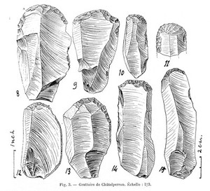 view Upper Paleolithic scrapers from La Grotte des Fees, Chatelperron (Allier)