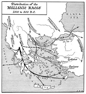 view Map showing Races in Hellenic times, 1000-800 B.C. Illustrated by J. F. Horrabin.