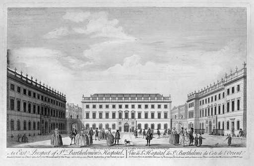 St Bartholomew's Hospital, London: the courtyard, with several people. Coloured engraving, 1752.