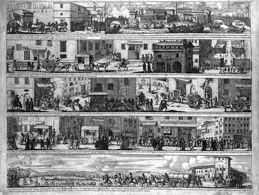 Episodes in the plague in Rome of 1656. Etching.