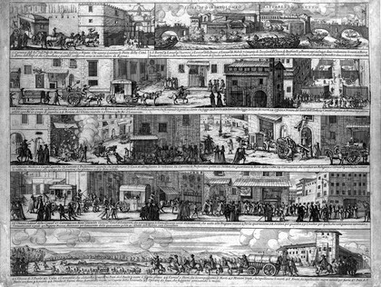 Episodes in the plague in Rome in 1656-1657. Etching.