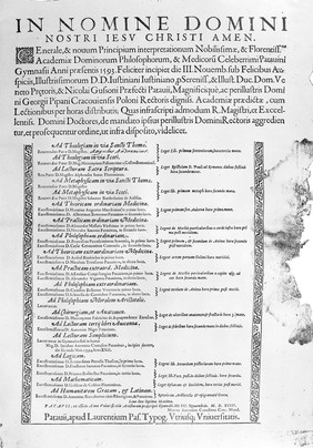 List of the Lectures at the University of Padua for 1693. The names include Fabricius ab Aquapendente and Galileo.