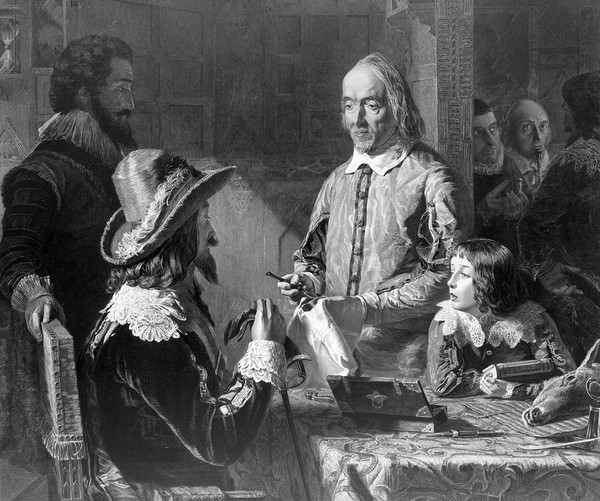 M0016121: William Harvey demonstrating the palpitations of the foetal heart of a deer to King Charles I