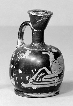 Greek lekythos - wide bodied. Red figure technique showing the figure of a hare