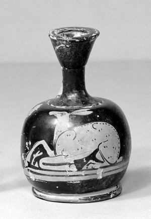 view Greek lekythos - wide bodied. Red figure technique showing the figure of a hare