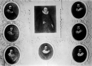 view Portraits of Thomas Harvey and his 7 sons. The group of portraits set in plaster as they appeared at Rolls Park Essex. From an old photograph in the Library of the Royal College of Physicians.