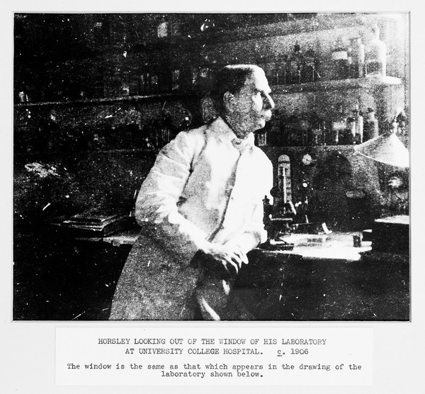 M0016248: Display board: photograph of Sir Victor Horsley in his laboratory at University College Hospital, London, c.1906