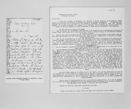 Letter from Theodor Kocher to Sir V. Horsley, dated 1893: first page of letter and transcript.