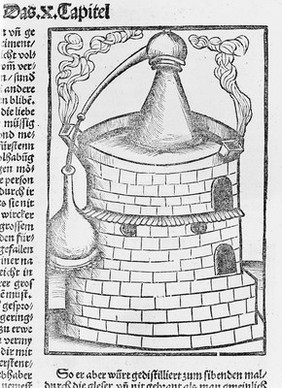 M0016368: Illustration of a single still with receiver on a brick furnace, 1512