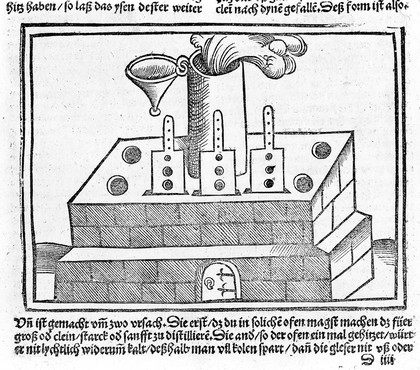 M0016371: Illustration of a furnace for carrying out several distillations with smoke emerging from chimney, 1512