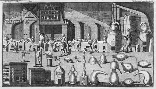 Commercial chemical laboratory of the mid 18th Century.