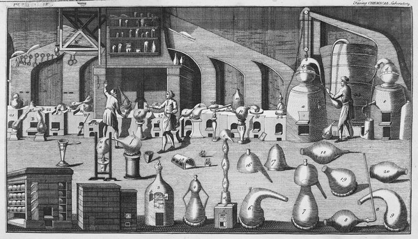 Commercial chemical laboratory of the mid 18th Century.