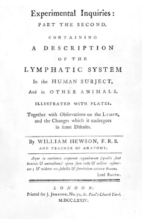 Title page form Hewson, Experimental inquiries:...the lymphatic system, 1774