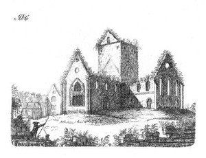 view View of Pluscarden Priory near Elgin. From an 18th century publication, Picturesque Antiquities of Scotland.