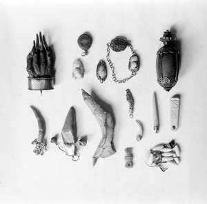 view Spanish lantern; animal products. Bone objects (including necklace for teething); small mammal's jawbone; 2 salt-codfish jawbones, cock's spur, bezoar, fishes earbones, and equine 'chetsnuts', badges paw.