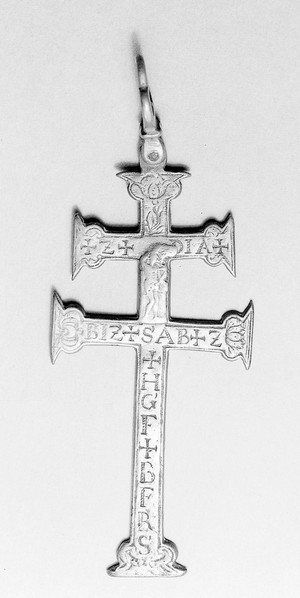 view Zachariah's cross. A double cross, on one side side Zacharias and his blessing, on the other St. Benedict and the lettering of the cross of St. Benedict. Protection against the plague.