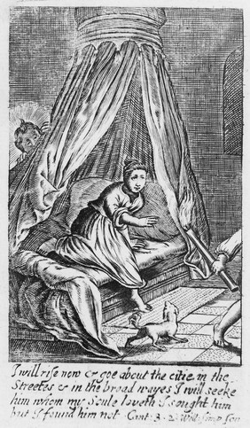 Engraving showing a bed with drapery.