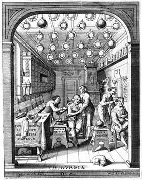 Two surgeons treating two seated male patients in a surgery, many surgeons' dishes are hanging from the ceiling. Line engraving by W. Kilian, 1652, after C. Ortz.