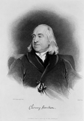 Jeremy Bentham. Line engraving by C. Fox, 1838, after H. W. Pickersgill.