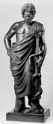 M0016985: Bronze statue of Asclepius with his serpent staff