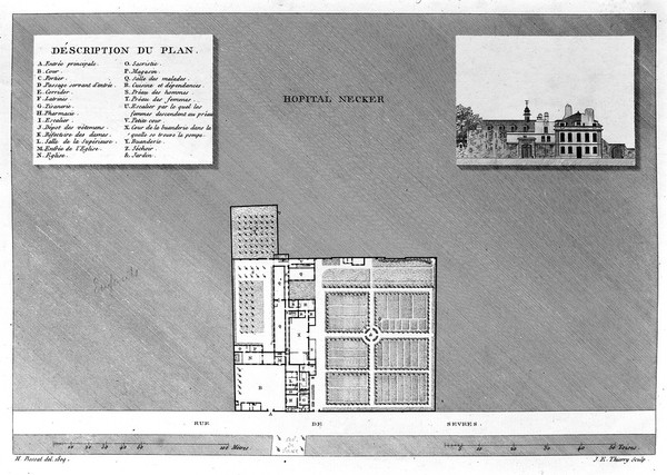 Necker Hospital, Paris: facade and floor and street plans. Line engraving by J.E. Thierry after H. Bessat, 1809.