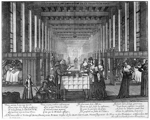 Hopîtal des Frères de la Charité, Paris: perspective view showing Anne d'Autriche visiting the charitable work of the monks. Line engraving by A. Bosse.