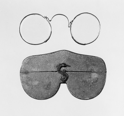 Eye-glasses in fishskin covered case.