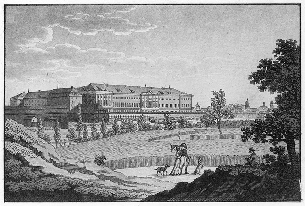 The Charité Hospital and grounds, Berlin. Aquatint.