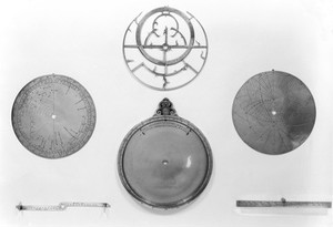 view The components of an astrolabe (a medieval instrument, now replaced by the sextant, that was once used to determine the altitude of the sun or other celestial bodies); signed "HOC FACET [SIC] VIVES" an inscribed "DON. COLVBINUS. DE. ALFIANO. MONACUS. VALLIS. VMBROSE. VTEBATUR. MD.LXXII" meaning Don Columbino de Alfiano, Monk of Vallombrosa [in Tuscany, where there was a famous monastry] used [this], 1572.