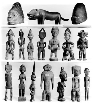 view Seventeen African statues, effegies, including mask, top left, from Nigeria