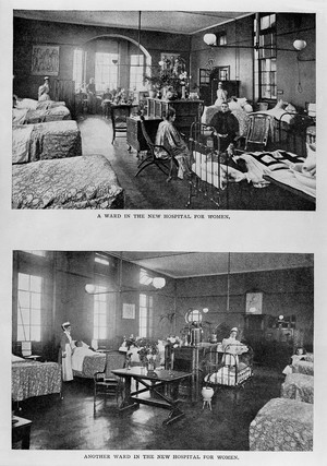 view Two wards of the New Hospital for Women. From a magazine of 1899.