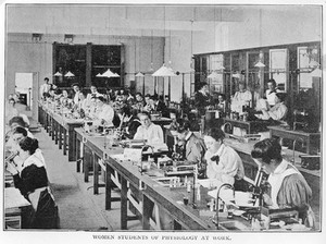 view The London School of Medicine, Physiology Laboratory. Women students at work, 1899.